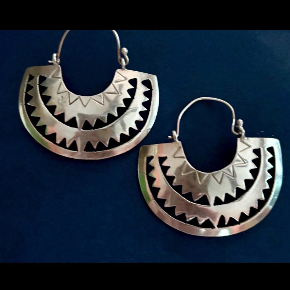 LARGE Vintage Sterling Silver Taxco Mexican Hoop Earrings, Boho, Hippie, Mexico